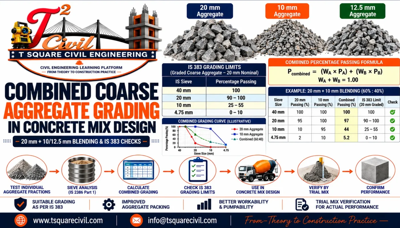Combined coarse aggregate grading showing 20 mm and 10 mm aggregate blending calculation