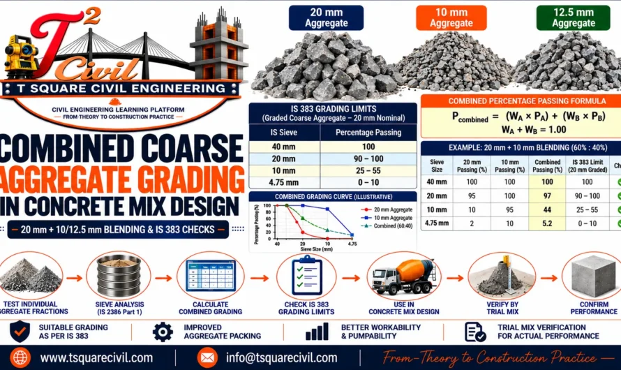 Combined Coarse Aggregate Grading in Concrete Mix Design: 20 mm + 10/12.5 mm Blending & IS 383 Checks