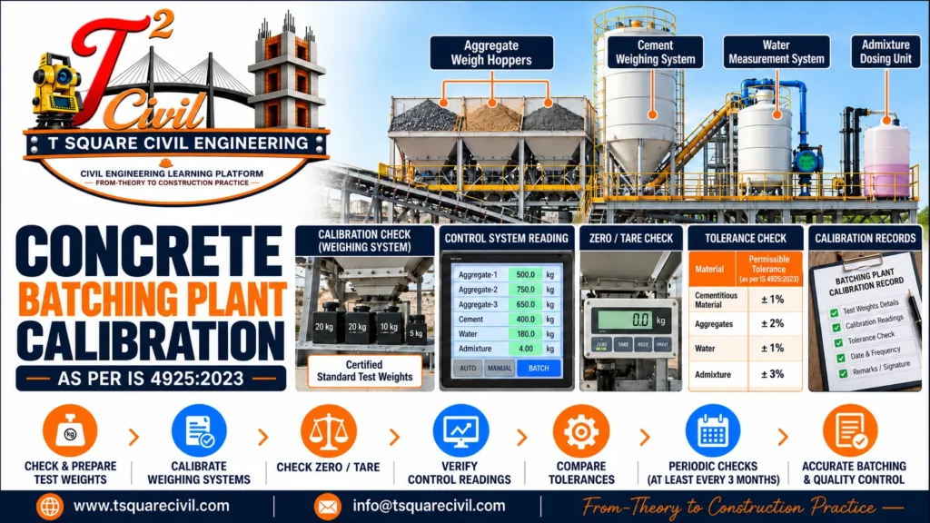 Concrete batching plant calibration as per IS 4925:2023 showing aggregate and cement weighing systems, zero tare checks, control readings, batching tolerances and calibration records
