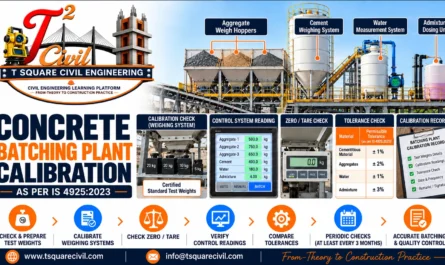 Concrete batching plant calibration as per IS 4925:2023 showing aggregate and cement weighing systems, zero tare checks, control readings, batching tolerances and calibration records