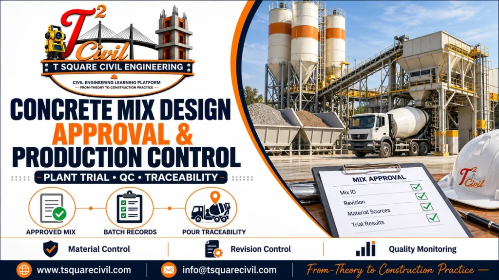 Concrete batching plant with mix approval checklist, batch records and pour traceability illustrations