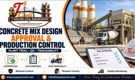 Concrete batching plant with mix approval checklist, batch records and pour traceability illustrations