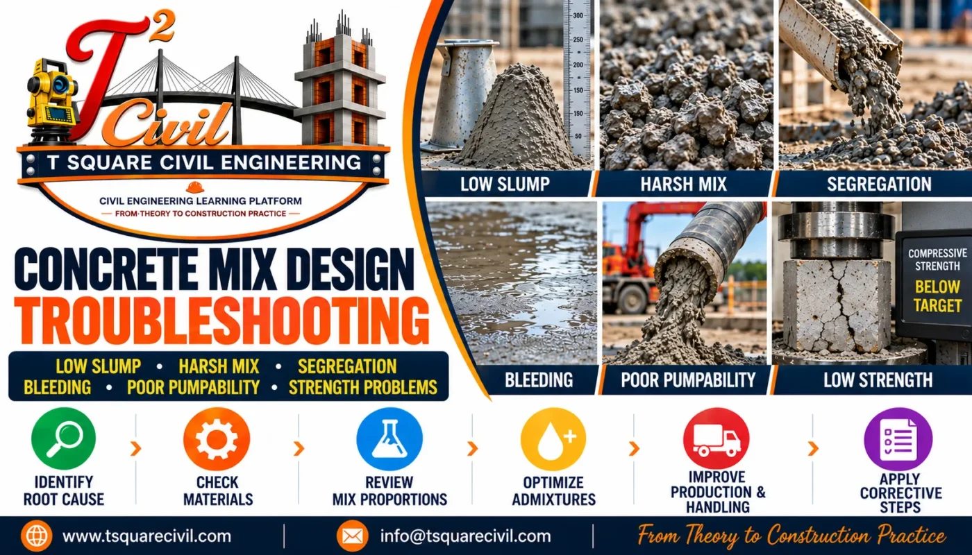 Concrete mix design troubleshooting showing low slump, harsh mix, segregation, bleeding, poor pumpability and low strength