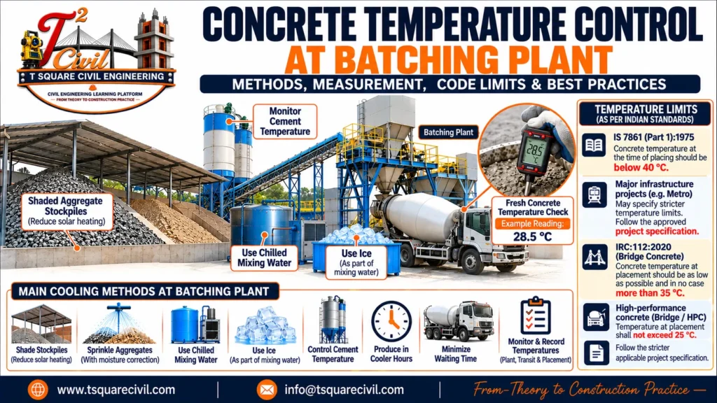 Concrete temperature control at batching plant showing fresh concrete temperature check, IS 7861 limits, chilled water, ice and aggregate cooling methods