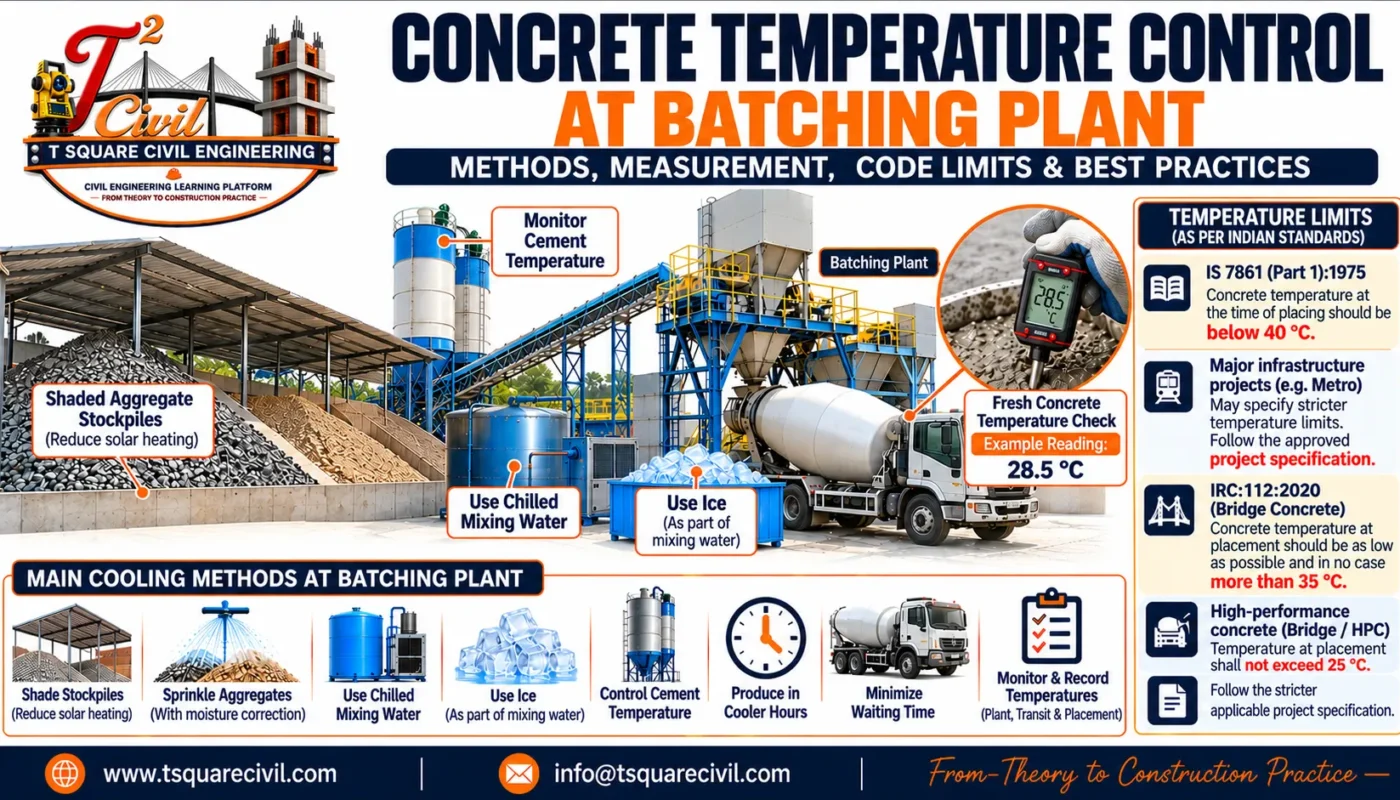 Concrete temperature control at batching plant showing fresh concrete temperature check, IS 7861 limits, chilled water, ice and aggregate cooling methods