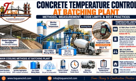 Concrete temperature control at batching plant showing fresh concrete temperature check, IS 7861 limits, chilled water, ice and aggregate cooling methods