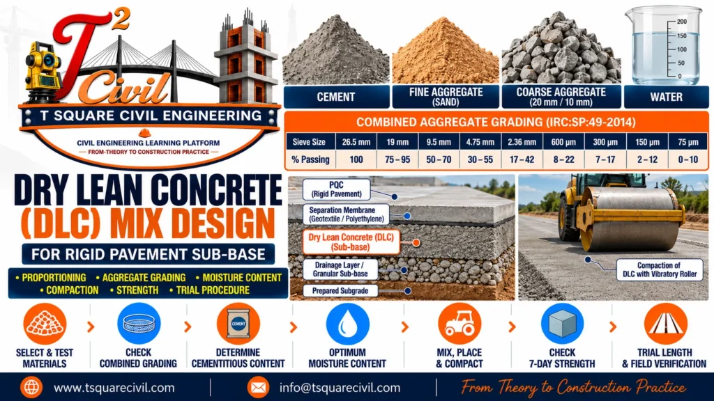 Dry lean concrete mix design showing combined aggregate grading, optimum moisture, vibratory roller compaction, 7-day strength and rigid pavement sub-base layers