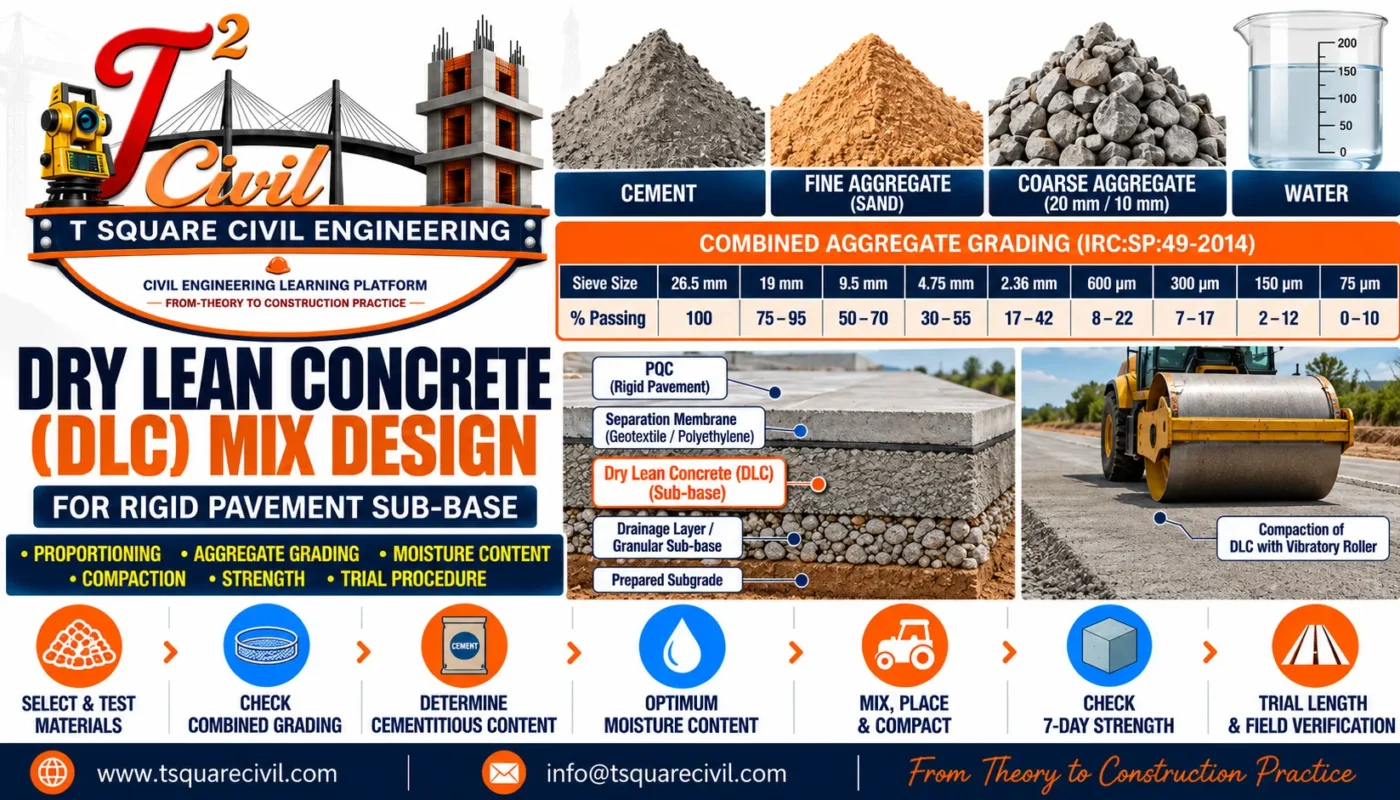 Dry lean concrete mix design showing combined aggregate grading, optimum moisture, vibratory roller compaction, 7-day strength and rigid pavement sub-base layers
