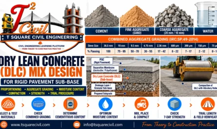 Dry lean concrete mix design showing combined aggregate grading, optimum moisture, vibratory roller compaction, 7-day strength and rigid pavement sub-base layers