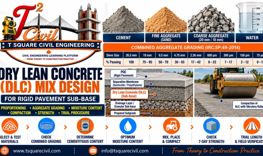 Dry Lean Concrete (DLC) Mix Design: Proportioning, Moisture Content, Compaction, Strength & Trial Procedure