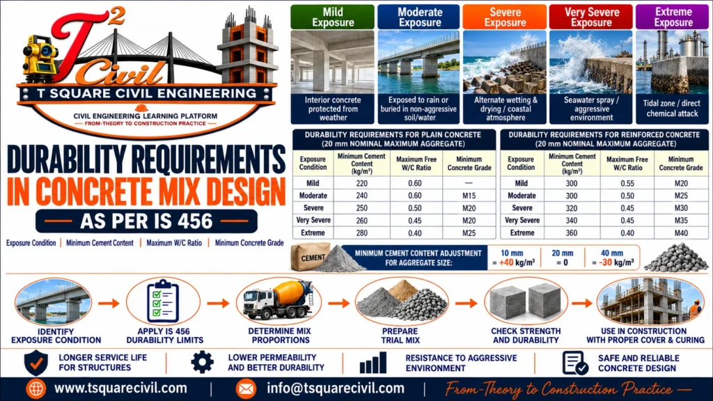 Durability requirements in concrete mix design showing exposure classes, maximum water cement ratio, minimum cement content and concrete grade as per IS 456