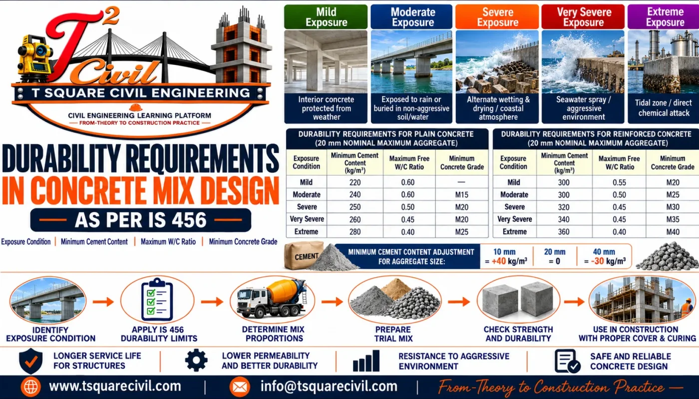 Durability requirements in concrete mix design showing exposure classes, maximum water cement ratio, minimum cement content and concrete grade as per IS 456