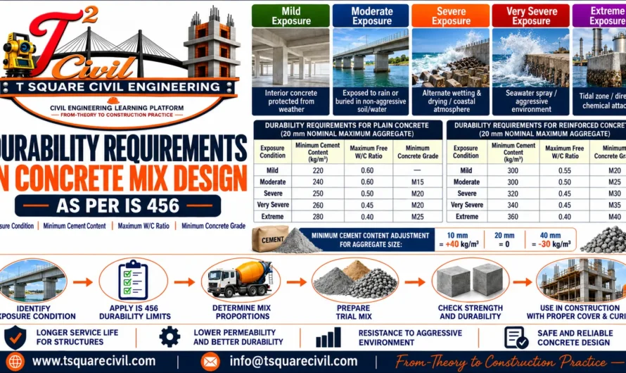 Durability Requirements in Concrete Mix Design: Exposure, Maximum W/C Ratio, Minimum Cement Content & Grade as per IS 456