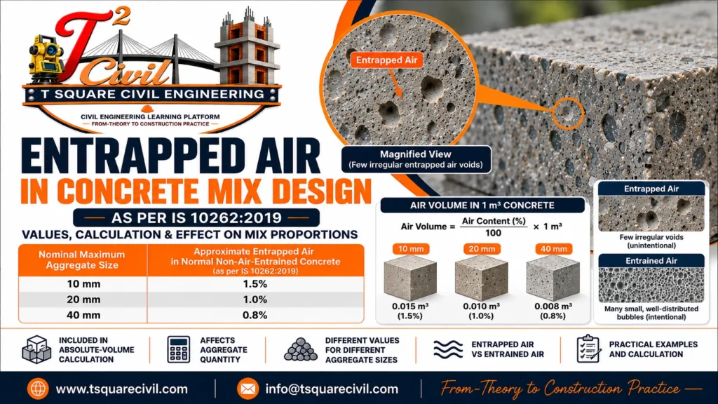 Entrapped air in concrete mix design showing IS 10262 values and air volume calculation