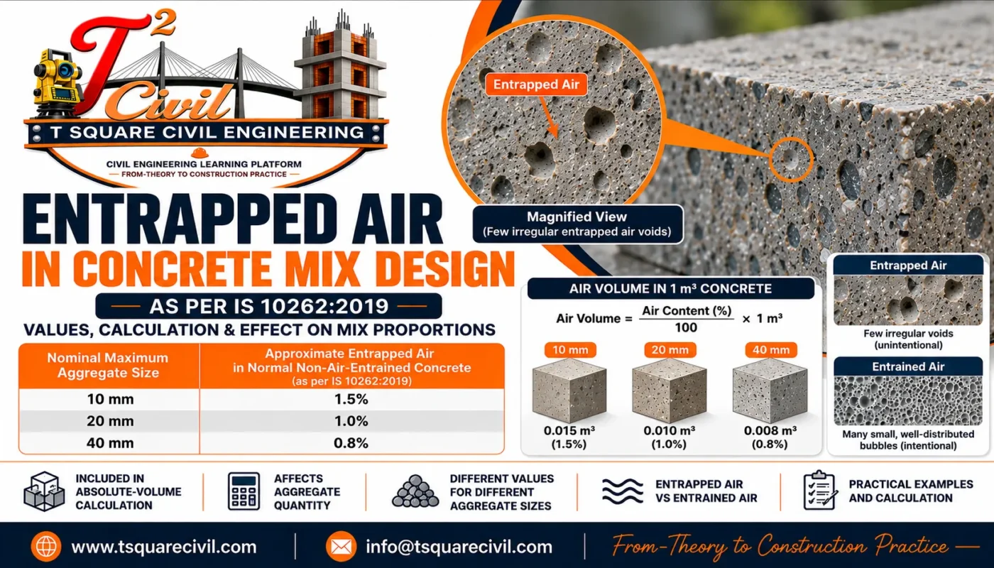 Entrapped air in concrete mix design showing IS 10262 values and air volume calculation