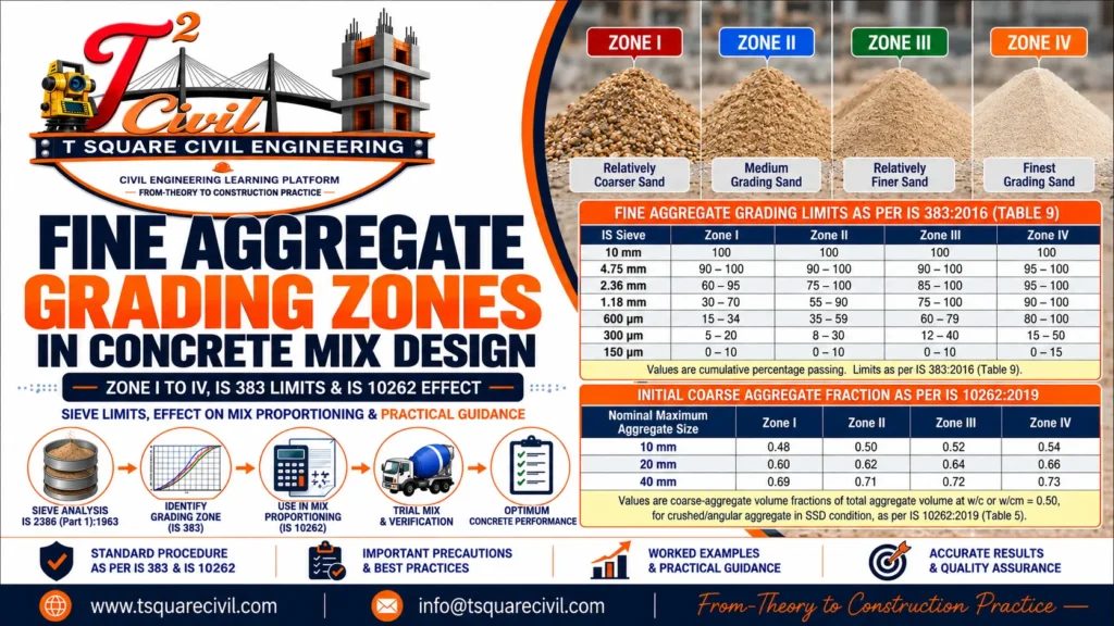 Fine aggregate grading zones in concrete mix design showing Zone I to Zone IV and IS 383 limits