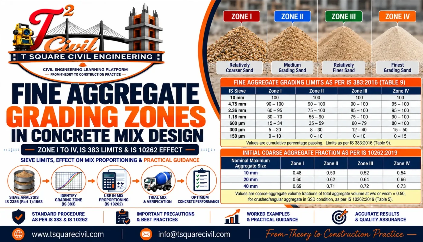 Fine aggregate grading zones in concrete mix design showing Zone I to Zone IV and IS 383 limits