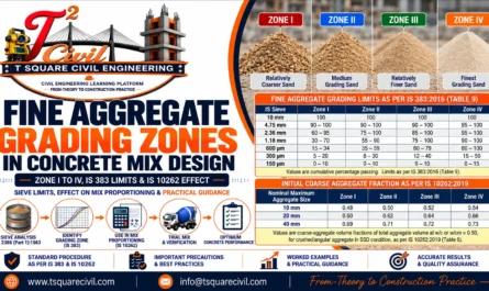 Fine aggregate grading zones in concrete mix design showing Zone I to Zone IV and IS 383 limits