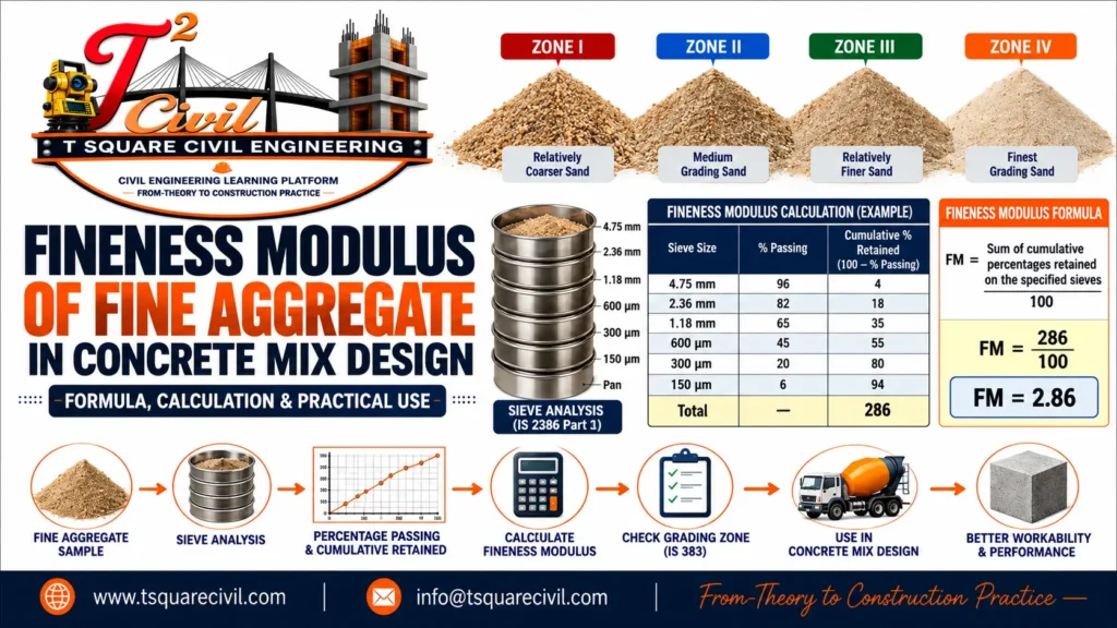 Fineness modulus of fine aggregate showing sieve analysis formula and FM calculation