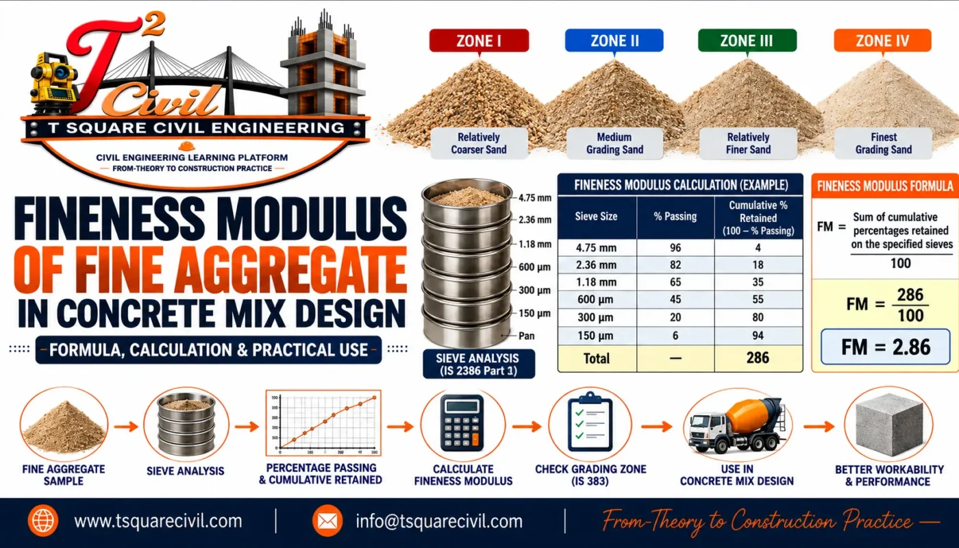 Fineness modulus of fine aggregate showing sieve analysis formula and FM calculation