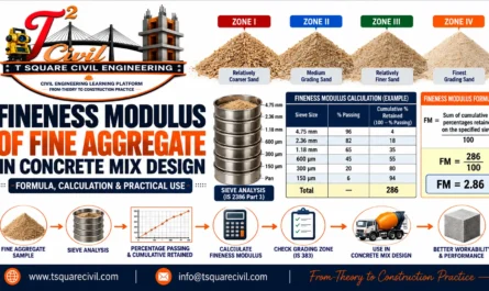 Fineness modulus of fine aggregate showing sieve analysis formula and FM calculation