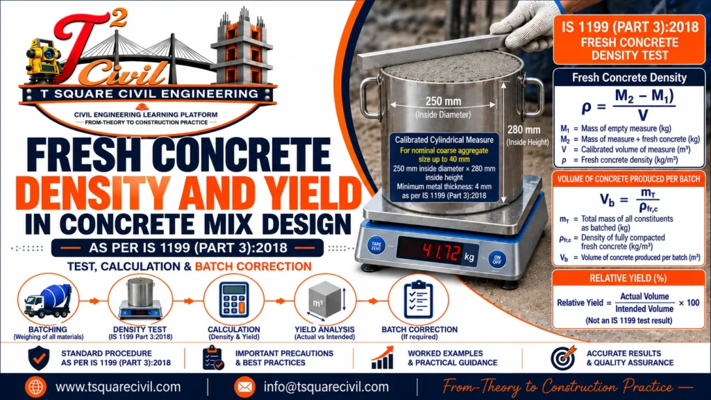 Fresh concrete density and yield calculation showing IS 1199 density test and batch yield