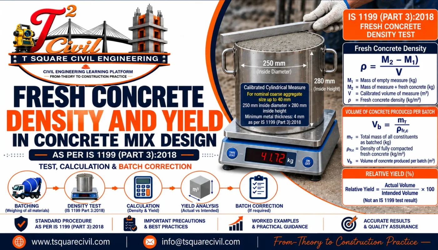 Fresh concrete density and yield calculation showing IS 1199 density test and batch yield