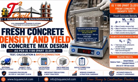 Fresh concrete density and yield calculation showing IS 1199 density test and batch yield