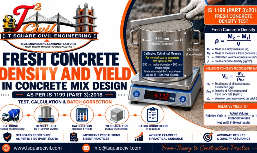 Fresh Concrete Density and Yield in Concrete Mix Design: IS 1199 Test, Calculation & Batch Correction