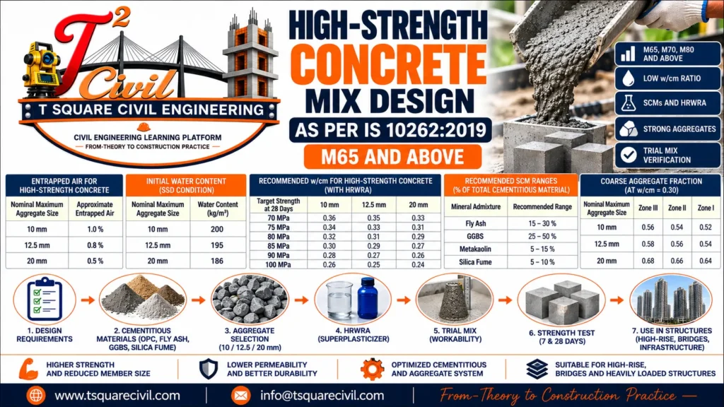High-strength concrete mix design as per IS 10262:2019 showing M65 and above, low water cementitious ratio, SCMs, HRWRA, aggregate selection and trial mix