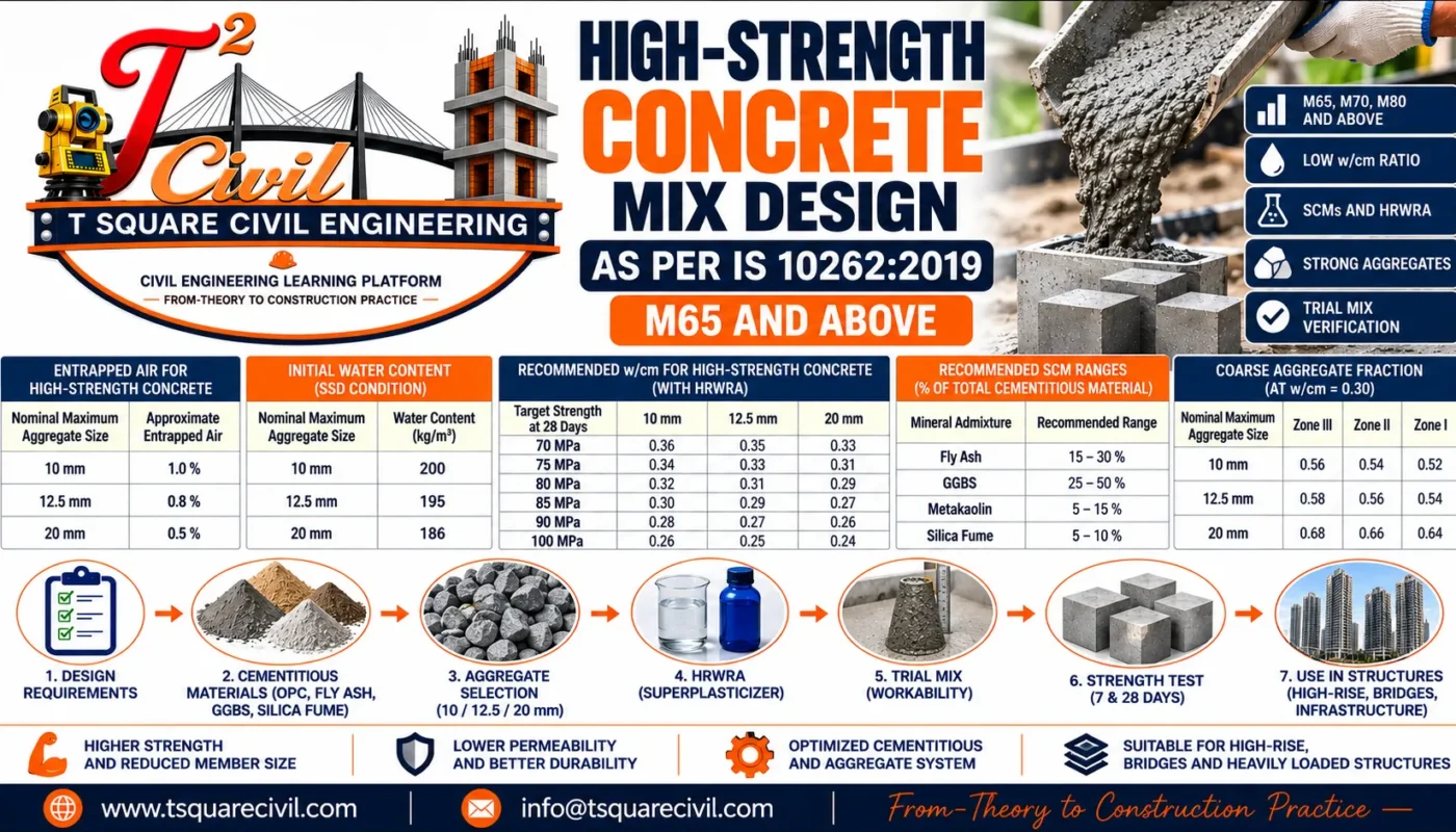High-strength concrete mix design as per IS 10262:2019 showing M65 and above, low water cementitious ratio, SCMs, HRWRA, aggregate selection and trial mix