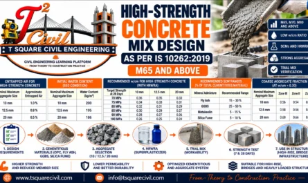 High-strength concrete mix design as per IS 10262:2019 showing M65 and above, low water cementitious ratio, SCMs, HRWRA, aggregate selection and trial mix