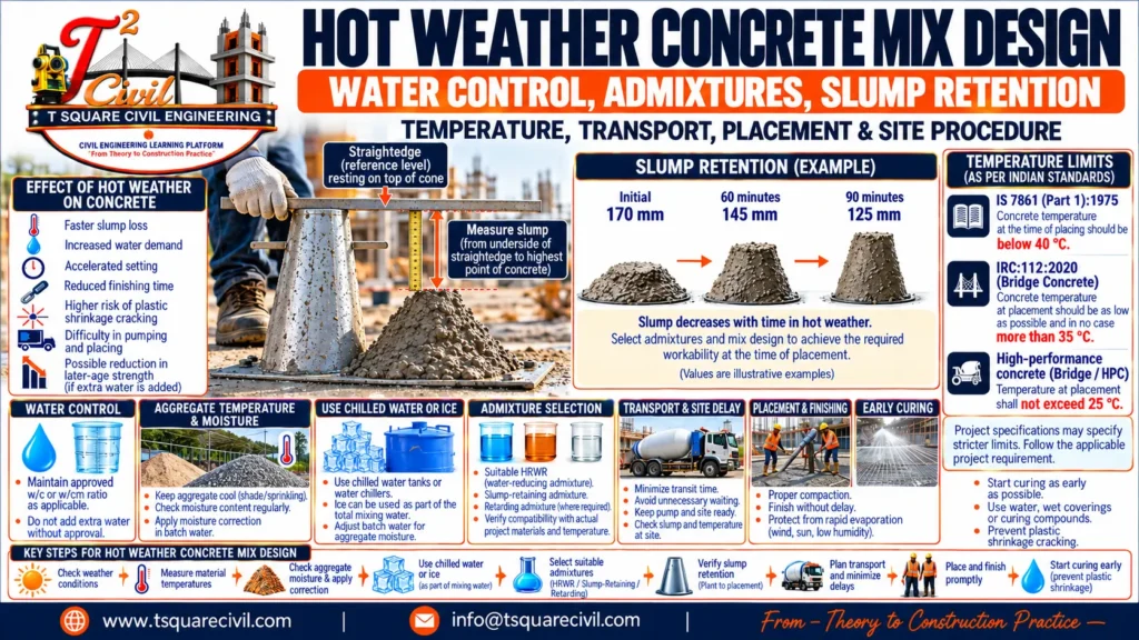 Hot weather concrete mix design showing slump retention, water control, aggregate moisture correction, admixtures, temperature limits, transport and early curing