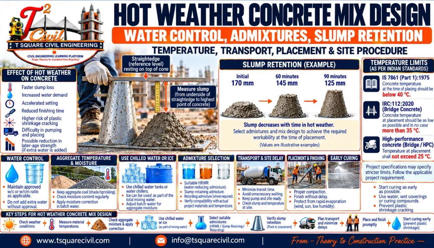 Hot weather concrete mix design showing slump retention, water control, aggregate moisture correction, admixtures, temperature limits, transport and early curing