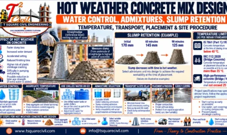 Hot weather concrete mix design showing slump retention, water control, aggregate moisture correction, admixtures, temperature limits, transport and early curing