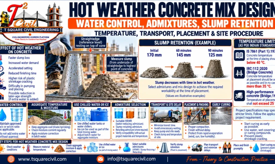 Hot Weather Concrete Mix Design: Water Control, Admixtures, Slump Retention, Temperature & Site Procedure