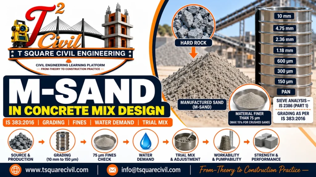 M-Sand in concrete mix design showing grading, 75 micron fines, sieve analysis, water demand and trial mix adjustment as per IS 383:2016