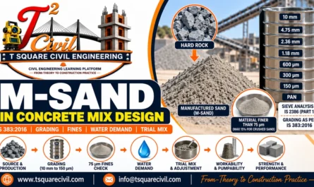 M-Sand in concrete mix design showing grading, 75 micron fines, sieve analysis, water demand and trial mix adjustment as per IS 383:2016