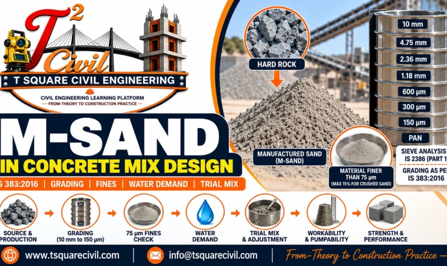 Manufactured Sand (M-Sand) in Concrete Mix Design: IS 383 Grading, Fines, Water Demand & Trial Mix Adjustment