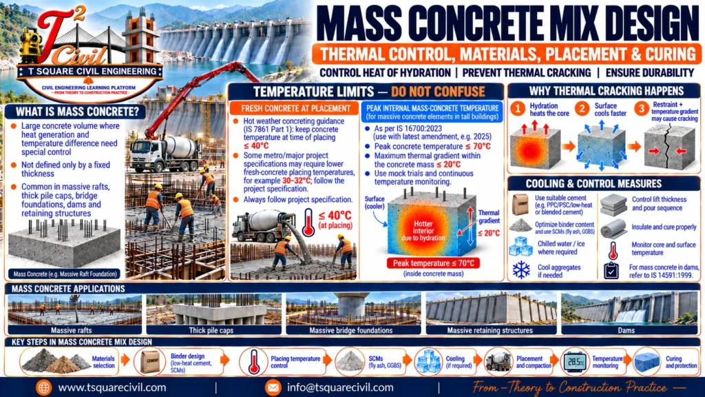 Mass concrete mix design showing thermal control, temperature limits, cooling measures, placement and curing