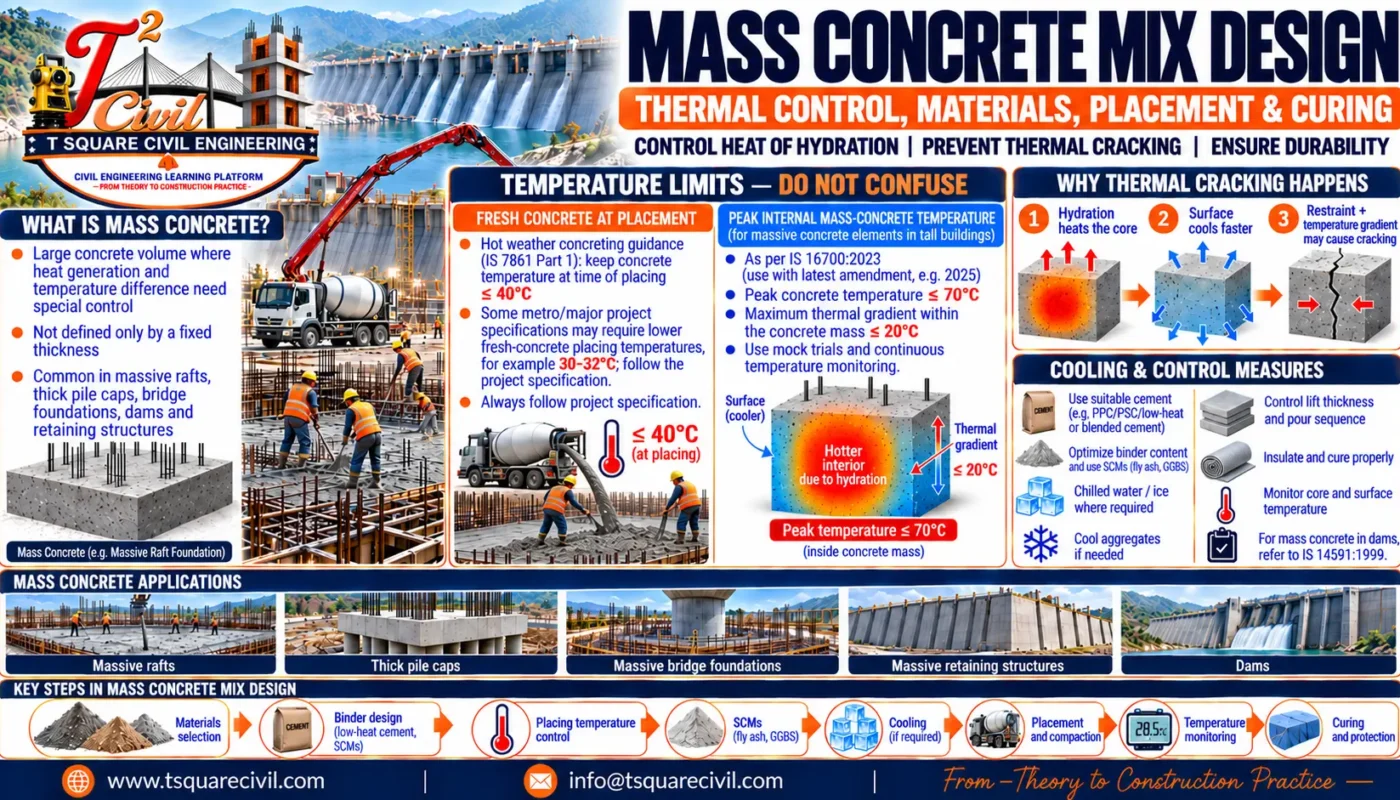 Mass concrete mix design showing thermal control, temperature limits, cooling measures, placement and curing