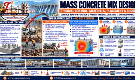 Mass concrete mix design showing thermal control, temperature limits, cooling measures, placement and curing