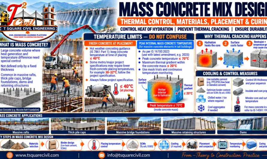 Mass Concrete Mix Design: Heat of Hydration, Temperature Control, SCMs & Trial Procedure