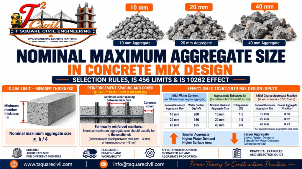 Nominal maximum aggregate size in concrete mix design showing 10 mm 20 mm and 40 mm aggregate selection