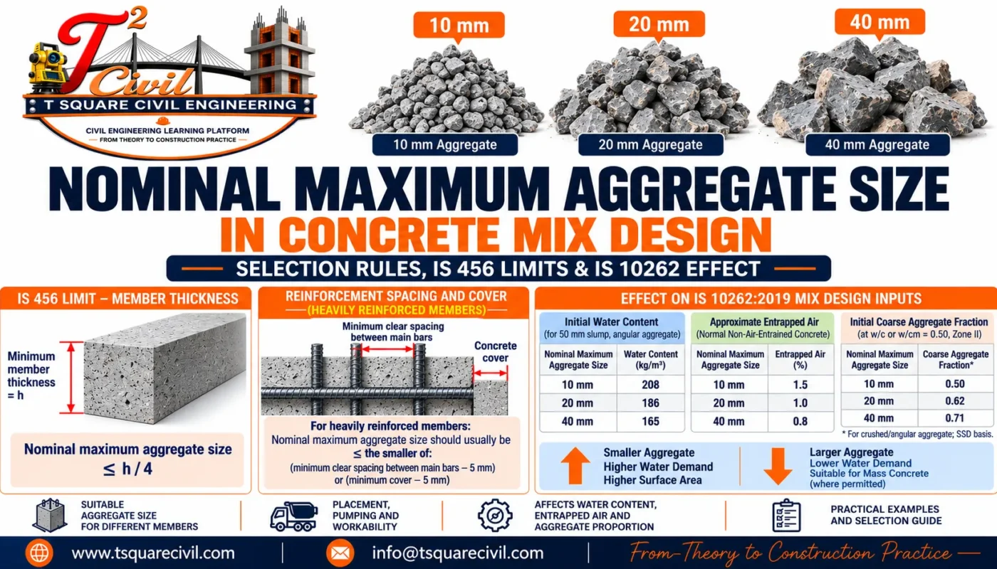 Nominal maximum aggregate size in concrete mix design showing 10 mm 20 mm and 40 mm aggregate selection