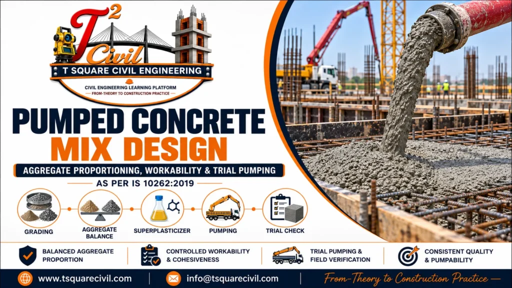 Pumped concrete mix design showing aggregate proportioning workability pumpability and trial pumping