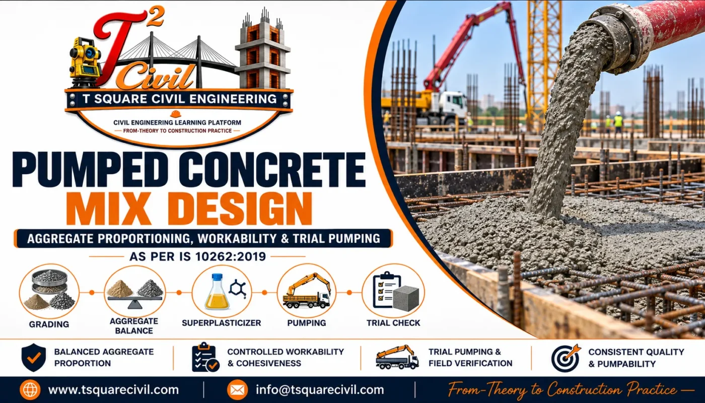 Pumped concrete mix design showing aggregate proportioning workability pumpability and trial pumping