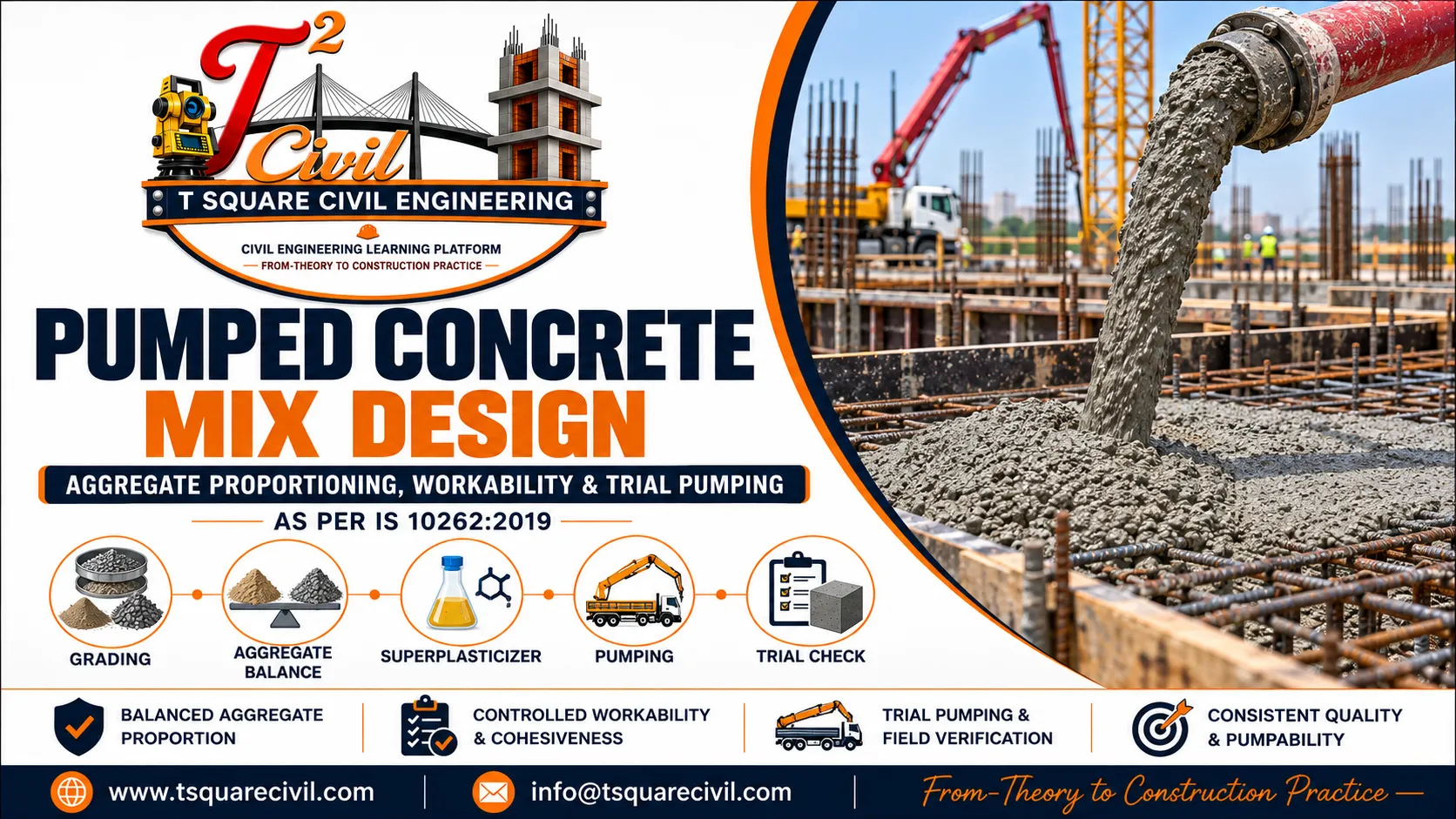 Pumped concrete mix design showing aggregate proportioning workability pumpability and trial pumping