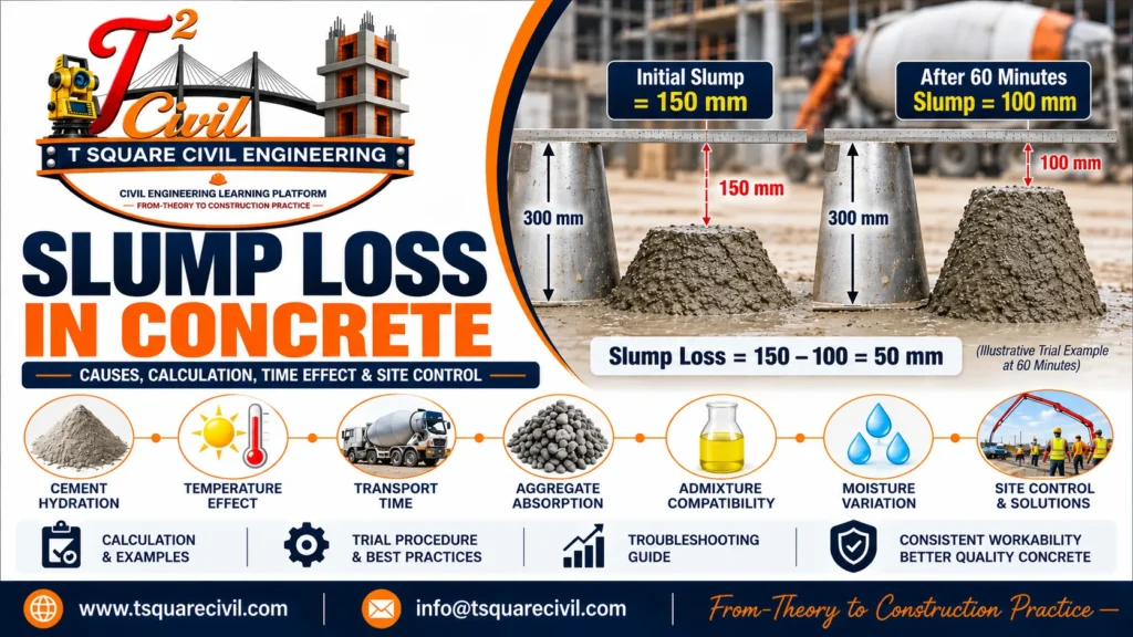Slump loss in concrete showing initial slump of 150 mm reducing to 100 mm after 60 minutes, causes and site control measures