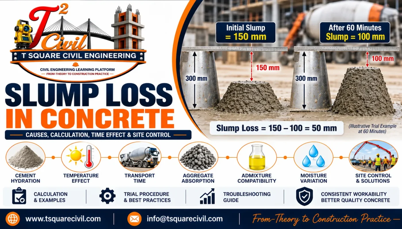 Slump loss in concrete showing initial slump of 150 mm reducing to 100 mm after 60 minutes, causes and site control measures